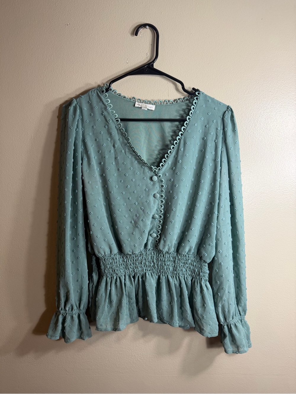 By the River Victorian Inspired Sage Swiss Dot Smocked Peplum Blouse